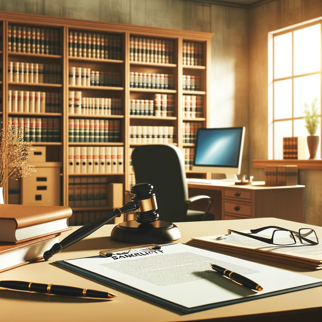 Professional setting in a law office with legal documents on a desk, a computer, and a bookshelf in the background.